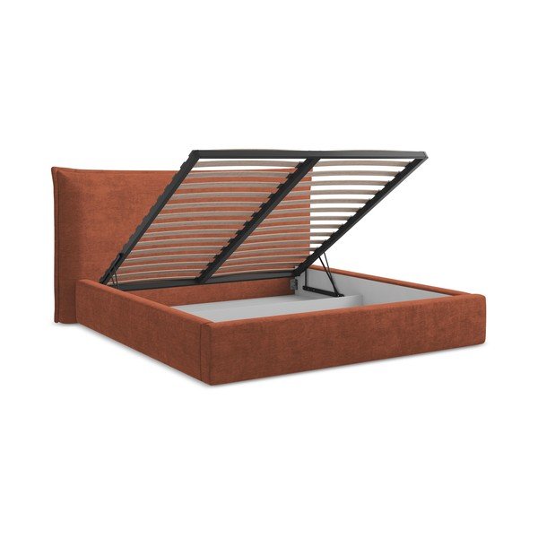 Pat matrimonial teracotă tapițat cu spațiu de depozitare cu somieră 140x200 cm Esala – Makamii-image-3