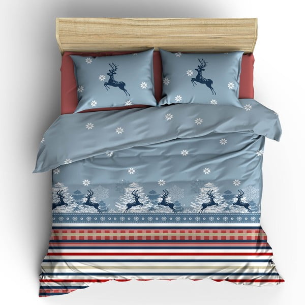 Lenjerie de pat cu cearșaf din bumbac Blue Christmas, 200 x 220 cm