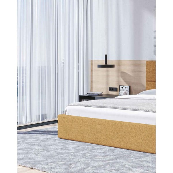 Pat matrimonial galben ocru tapițat cu spațiu de depozitare cu somieră 180x200 cm Bufo – MESONICA-image-4