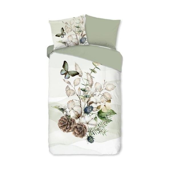 Lenjerie de pat verde/crem din flanelă pentru pat de o persoană/extinsă 140x220 cm Marjan – Good Morning