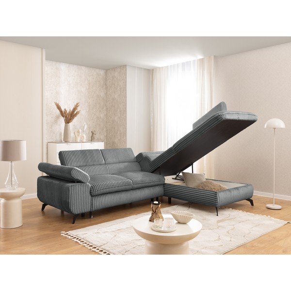 Colțar gri cu tapițerie din catifea reiată  (cu colț pe partea dreaptă/în formă de ”L”) Marbeya  – Ropez-image-4