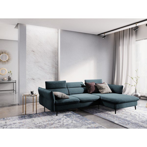 Canapea extensibilă pentru 5 persoane, cu spațiu pentru depozitare Milo Casa Dario, colț pe dreapta, albastru-image-1