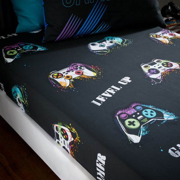 Cearceaf pentru copii negru pentru pat de o persoană cu elastic 90x190 cm Game Over – Catherine Lansfield-image-1