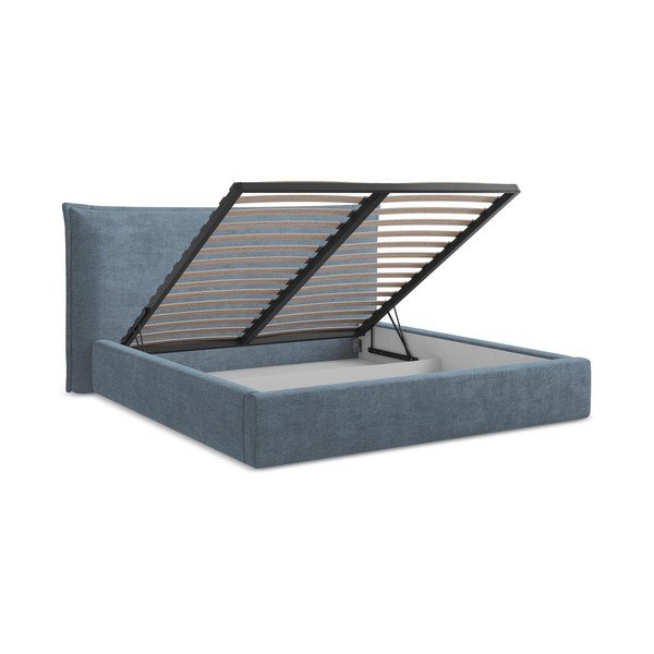 Pat matrimonial albastru tapițat cu spațiu de depozitare cu somieră 160x200 cm Esala – Makamii-image-3