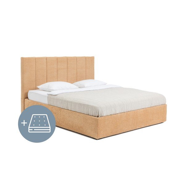 Pat dublu tapițat cu spațiu de depozitare cu saltea și somieră 180x200 cm în culoarea muștar Thessa Bold Line - Bonami Selection