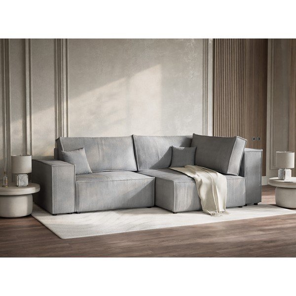 Colțar gri extensibil/cu spațiu de depozitare cu tapițerie din catifea reiată  (cu colț pe partea dreaptă/în formă de ”L”) Tonga – Maison de Rêve-image-4