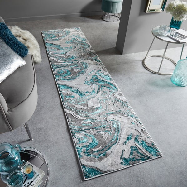 Covor tip traversă gri/turcoaz 80x300 cm Marbled – Flair Rugs-image-1
