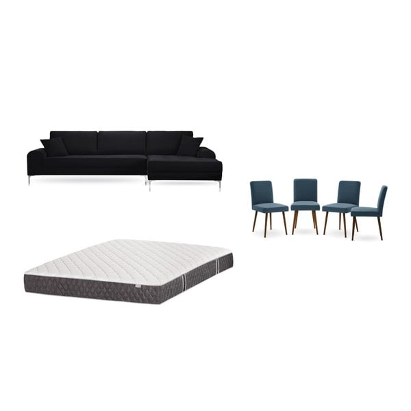 Set canapea neagră cu șezlong pe partea dreaptă, 4 scaune albastre și saltea 160 x 200 cm Home Essentials