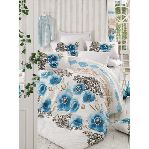 Lenjerie de pat alb-albastru din bumbac pentru pat dublu 200x200 cm Merve – Mijolnir