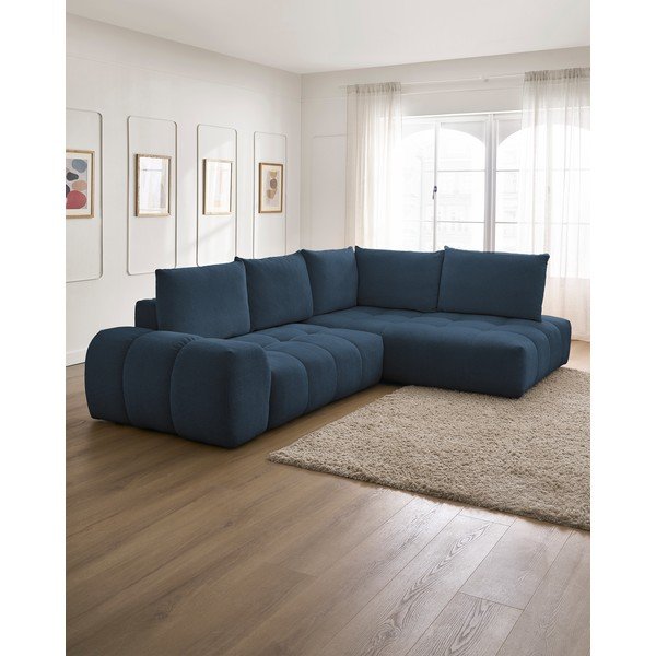 Colțar albastru închis extensibil/cu spațiu de depozitare cu tapițerie din chenille (cu colț pe partea dreaptă/în formă de ”L”) Everest – Bobochic Paris-image-1