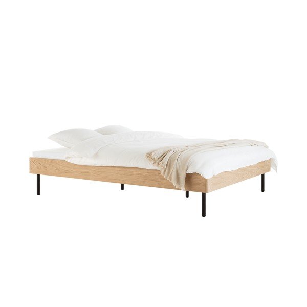 Pat matrimonial în culoare naturală din  placă aglomerată de lemn cu aspect de lemn de stejar fără tăblie cu somieră 160x200 cm Streiko – noo.ma