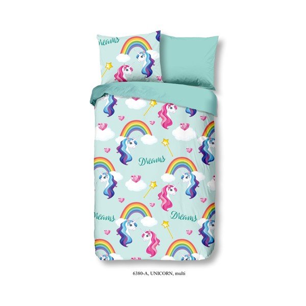Lenjerie de pat din bumbac pentru copii Good Morning Unicorn, 140 x 200 cm, albastru-image-1