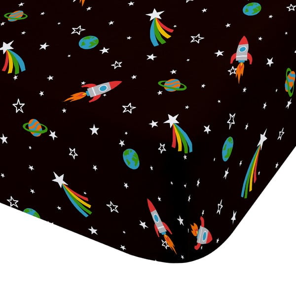 Cearceaf pentru copii negru pentru pătuț cu elastic 70x140 cm Rainbow Rockets – Catherine Lansfield