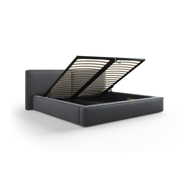 Pat matrimonial gri închis tapițat cu spațiu de depozitare și somieră  180x200 cm Arendal – Cosmopolitan Design-image-3