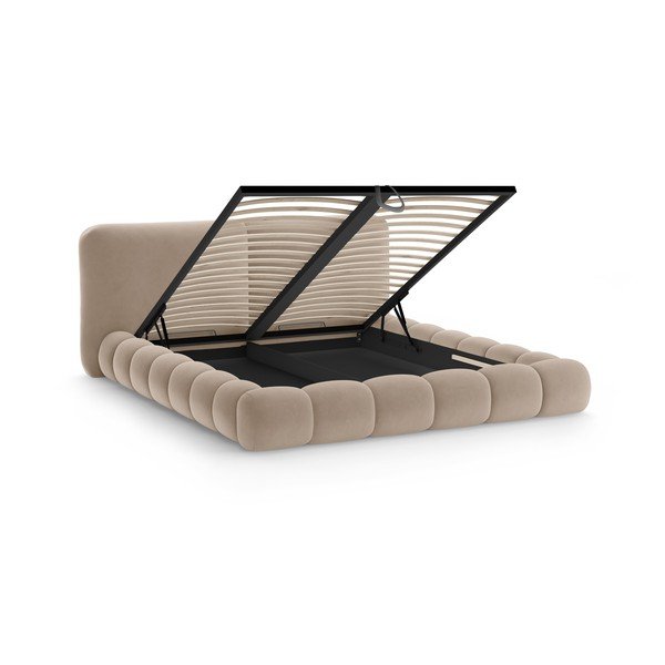 Pat matrimonial maro deschis tapițat cu spațiu de depozitare cu somieră 200x200 cm Solange – Micadoni -image-2