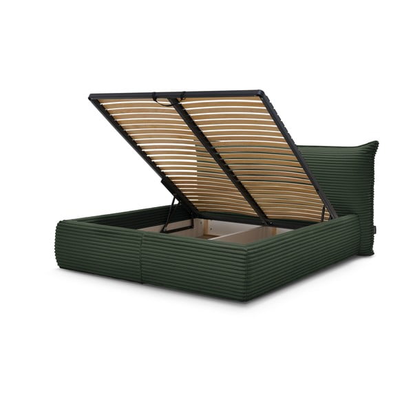 Pat matrimonial verde închis tapițat cu spațiu de depozitare cu somieră 180x200 cm Jade – Bobochic Paris-image-3