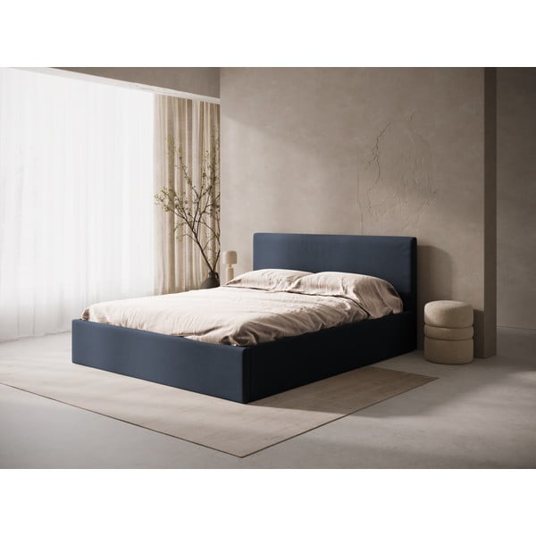 Pat matrimonial albastru închis tapițat cu spațiu de depozitare/fără tăblie cu somieră 180x200 cm Susan – Micadoni -image-1