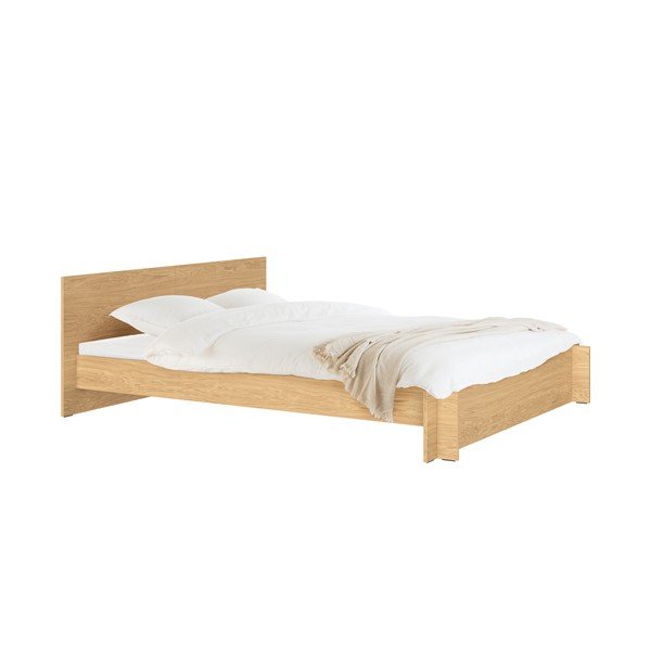 Pat matrimonial în culoare naturală din  placă aglomerată de lemn/din  placaj cu aspect de lemn de stejar cu somieră 160x200 cm Valt – noo.ma