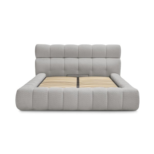 Pat matrimonial gri deschis tapițat cu spațiu de depozitare cu somieră 180x200 cm Mont Blanc – Bobochic Paris-image-2