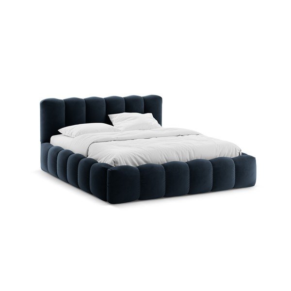 Pat matrimonial albastru închis tapițat cu spațiu de depozitare cu somieră 180x200 cm Lupine – Micadoni 