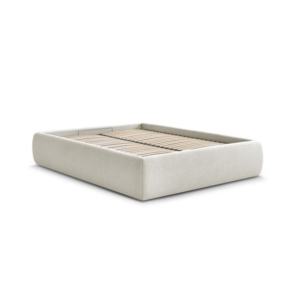 Pat matrimonial bej tapițat cu spațiu de depozitare/fără tăblie cu somieră 160x200 cm Inera – Bobochic Paris