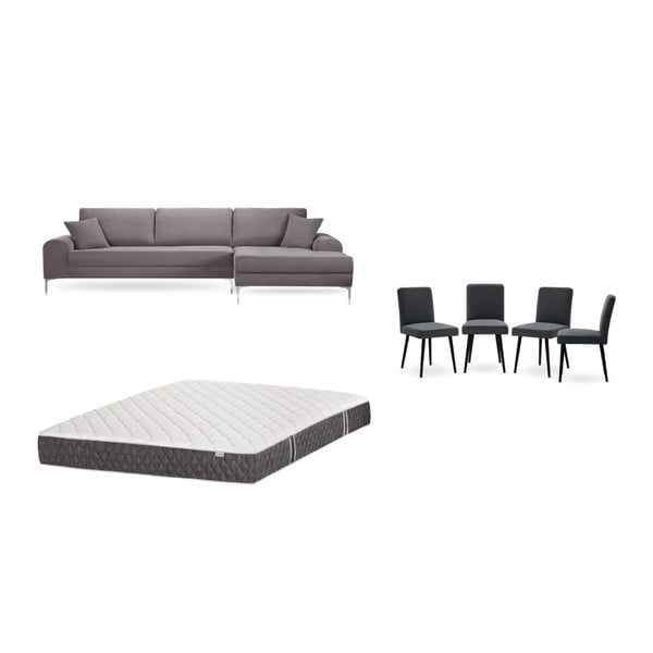 Set canapea maro cu șezlong pe partea dreaptă, 4 scaune gri antracit și saltea 160 x 200 cm Home Essentials