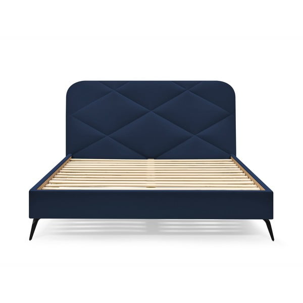 Pat matrimonial albastru închis tapițat cu somieră 160x200 cm Prune – Bobochic Paris-image-3