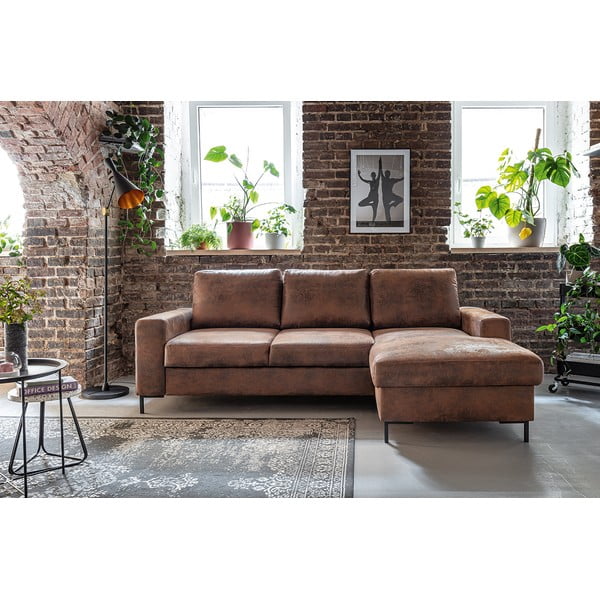 Colțar extensibil din imitație de piele cu șezlong pe partea dreaptă Miuform Lofty Lilly Vintage, maro-image-1