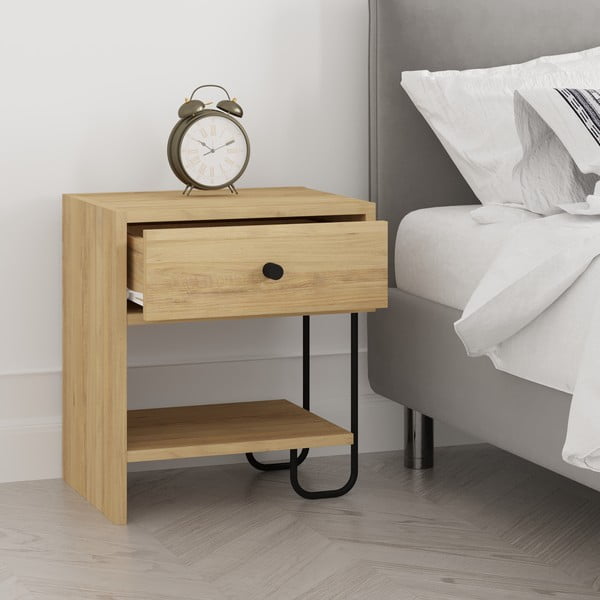 Noptieră în culoare naturală cu rafturi cu aspect de lemn de stejar Saturne – Marckeric-image-3