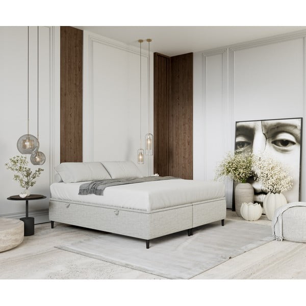 Pat matrimonial gri deschis tapițat cu spațiu de depozitare 160x200 cm Tate – Maison de Rêve-image-1