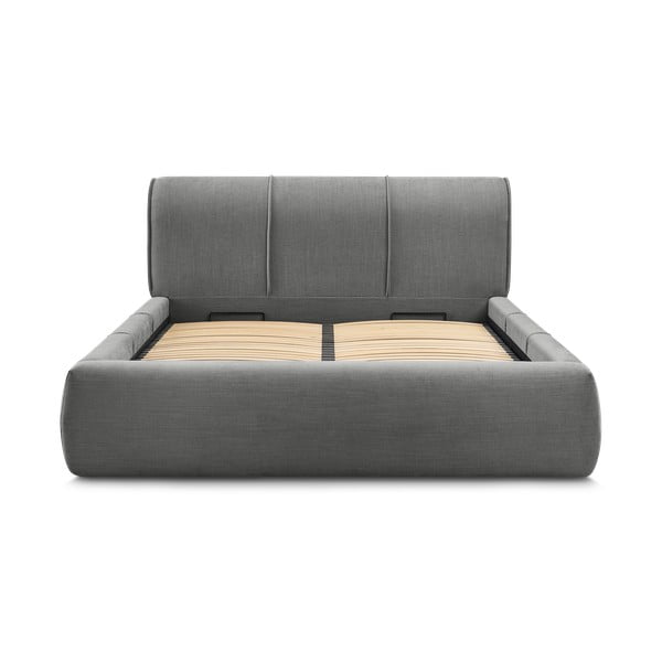 Pat matrimonial gri tapițat cu spațiu de depozitare și somieră 180x200 cm Vernon – Bobochic Paris-image-3