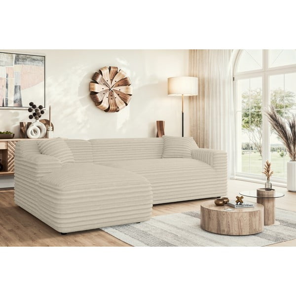 Colțar bej cu tapițerie din catifea reiată  (cu colț pe partea stângă, cu șezlong) Martin – Ropez-image-1