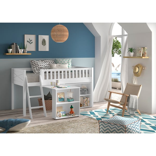 Pat pentru copii  alb înalt din lemn masiv de pin cu spațiu de depozitare 90x200 cm SCOTT – Vipack-image-1