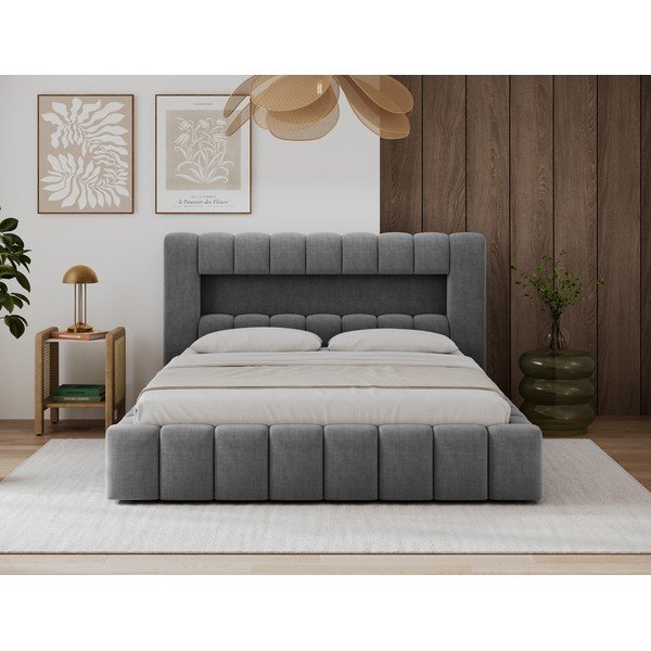 Pat matrimonial gri tapițat cu spațiu de depozitare cu somieră 140x200 cm Lamica – ELTAP-image-1
