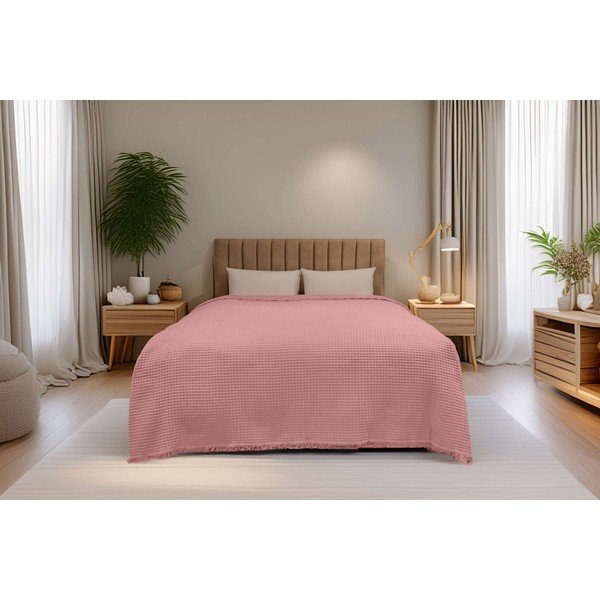 Cuvertură roz din bumbac 140x200 cm Waffle – Mijolnir-image-1