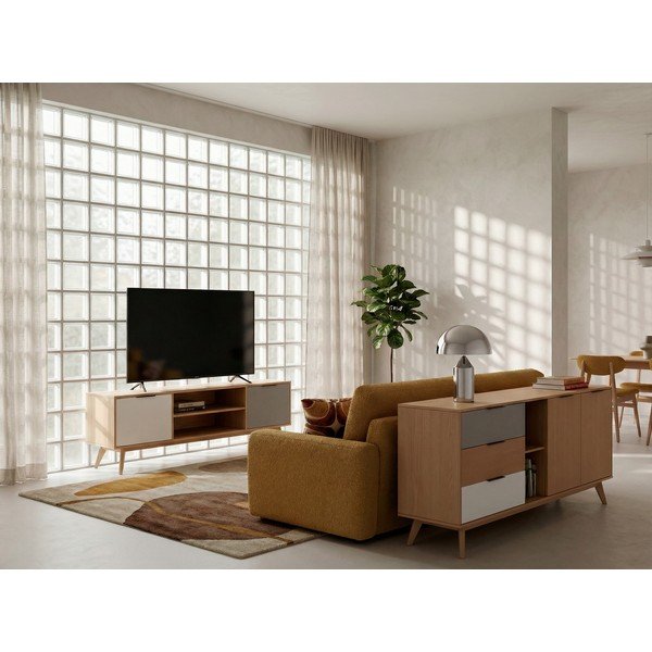 Comodă TV natural/gri/alb din lemn de pin 140x53 cm Elfa – Marckeric-image-1