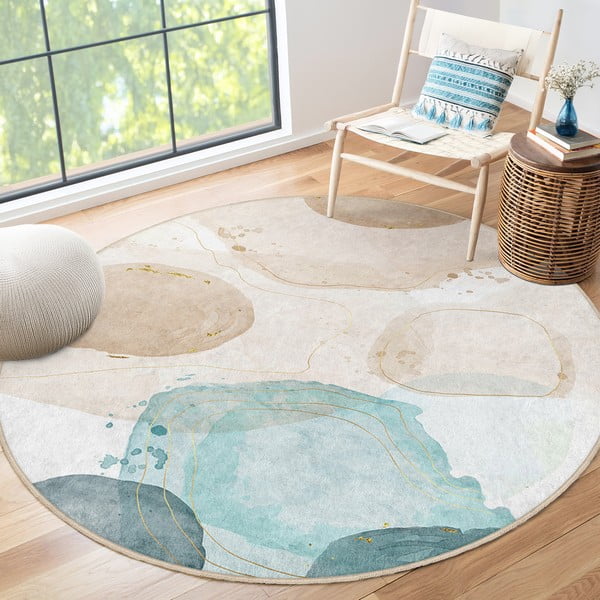 Covor albastru/bej lavabil rotund ø 150 cm Puddle – Mila Home-image-4