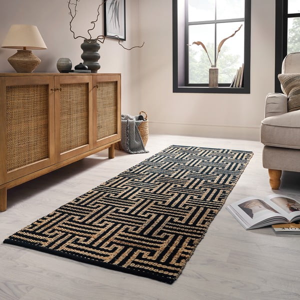 Covor tip traversă negru-în culoare naturală țesut manual din amestec de iută 80x230 cm Meander Jute – Flair Rugs-image-1