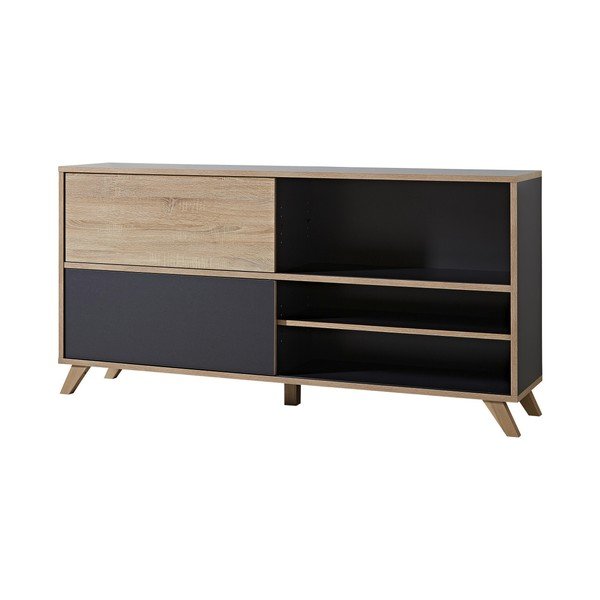 Comodă cu uși glisante cu aspect de lemn de stejar Germania Calvi, negru-image-1