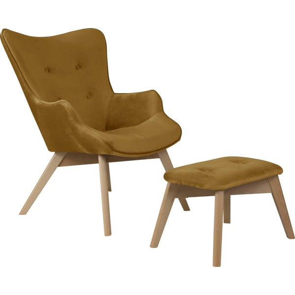 Fotoliu cu taburet galben muștar cu tapițerie din catifea Niko – Ropez