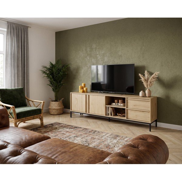 Comodă TV în culoare naturală cu aspect de lemn de stejar 180x59x40 cm Luc – Marckeric-image-1