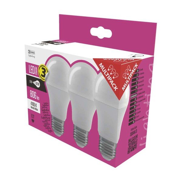 Set 3 becuri cu LED EMOS Classic A60 Neutral White, 8,5W E27-image-1