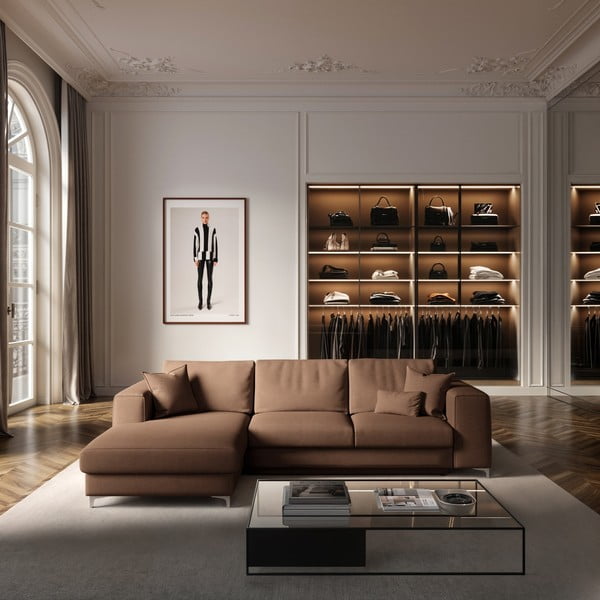 Colțar maro extensibil, cu spațiu de depozitare cu tapițerie din catifea (cu colț pe partea stângă, cu șezlong) Rene – Rodier-image-1