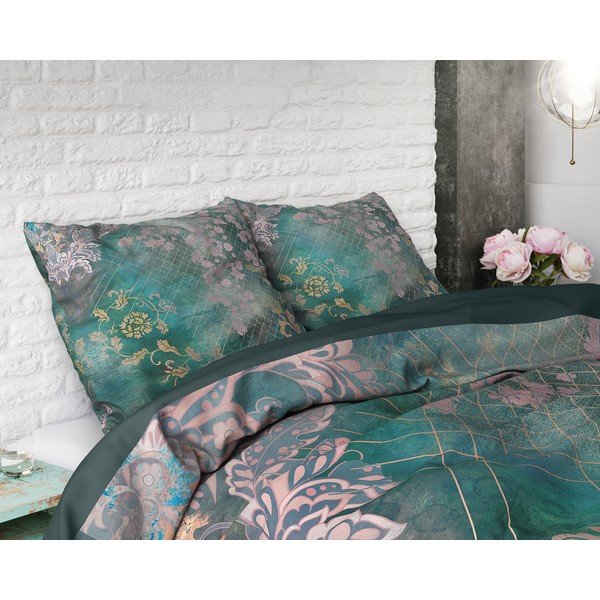 Lenjerie de pat din bumbac, pentru pat de o persoană Pure Cotton Tiran Flower Green, 140 x 200 cm-image-2
