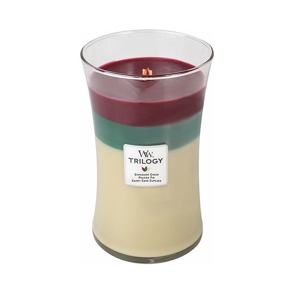 Lumânare parfumată WoodWick  Trilogy, aromă de scorțișoară, brad și dulciuri, 130 ore