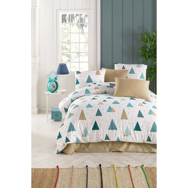 Lenjerie de pat albă/albastră pentru pat dublu 200x200 cm Puantiye – Mijolnir