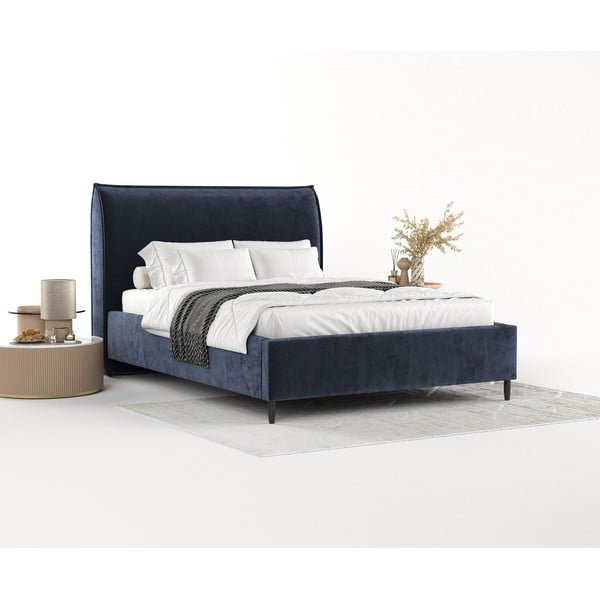 Pat matrimonial albastru închis tapițat cu spațiu de depozitare cu somieră 180x200 cm Shell – Maison de Rêve-image-2