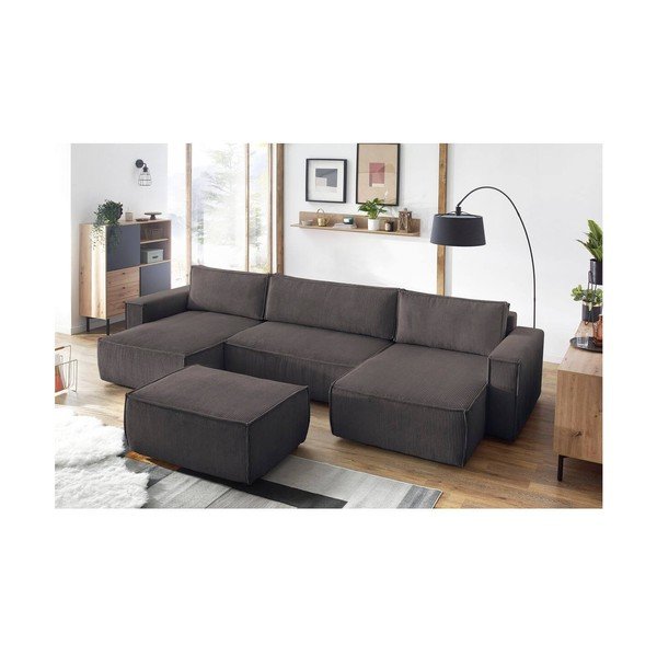 Taburet taupe cu tapițerie din catifea reiată Nihad – Bobochic Paris-image-1