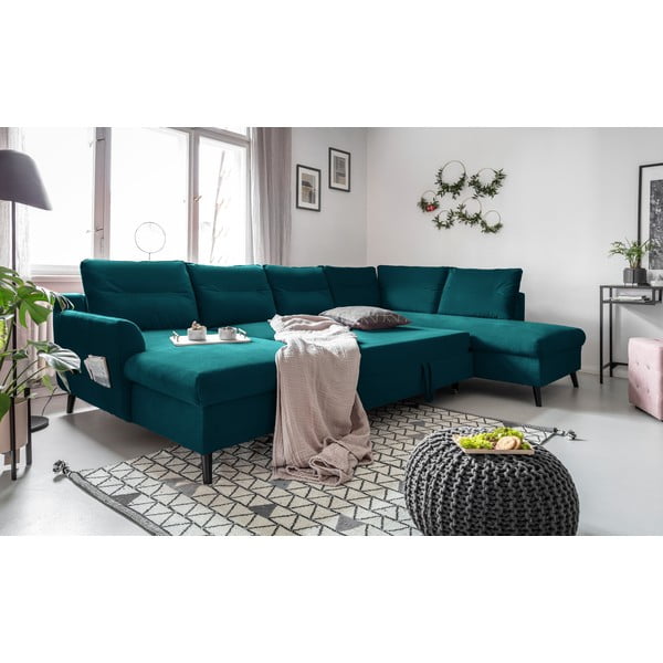 Canapea extensibilă din catifea în formă de „U” cu șezlong pe partea dreaptă Miuform Stylish Stan, turcoaz-image-4