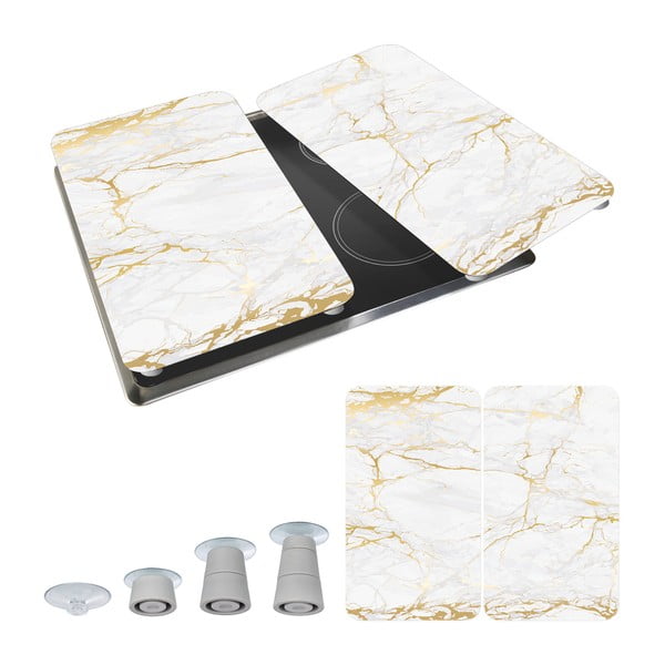 Set 2 protecții din sticlă pentru aragaz Wenko Marble, 52 x 30 cm , alb - auriu-image-2